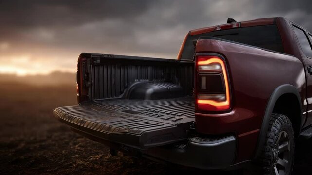 Maroon Pickup Truck with an Open Tailgate parked on a Field at Sunset for Heavy Work