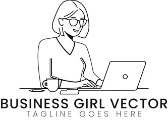 Modern Businesswoman Working Laptop Vector Illustration Simple Minimalist Line Art Design Graphic   