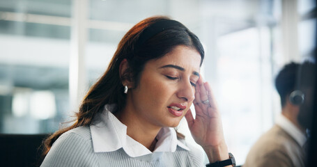 Burnout, headache and stress with woman in call center for help or solution as virtual assistant....