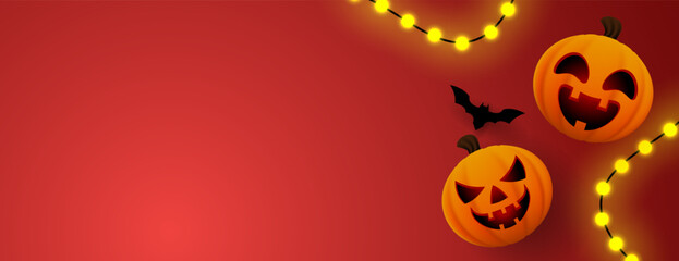 halloween background shows pumpkins, bats and lighting with space for text, perfect for festive invitations, party flyers, social media posts, and Halloweenthemed designs.