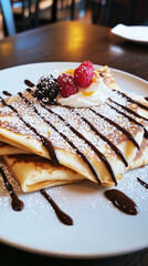 Savory crepes stacked high, garnished with vibrant berries and creamy whipped topping, served in an inviting French cafe during a relaxed brunch hour