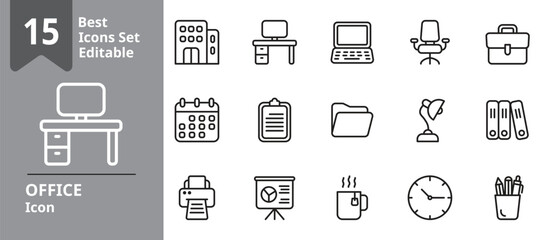 Set of Office icons. Contains briefcase, document, desk, office chair, folder, etc . Design elements for you projects. Editable stroke vector illustration