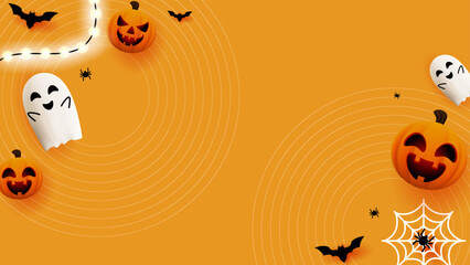 halloween background shows pumpkins ghosts bats and spiders with space for text, perfect for festive invitations, party flyers, social media posts, and Halloweenthemed designs.