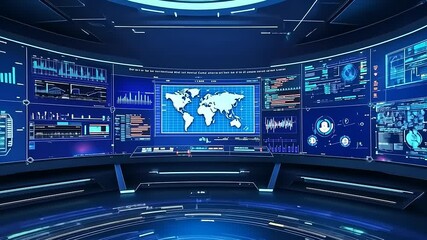 Futuristic control room with digital screens displaying data analytics and a world map in blue tones - Powered by Adobe