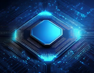 Abstract Digital Circuit Board with Blue Diamond Chip Technology, Computing, Data Processing, Artificial Intelligence Concept Illustration