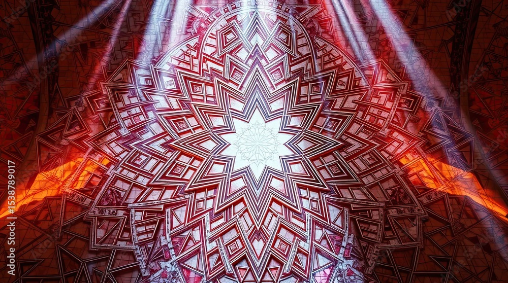 Poster intricate geometric star design with light rays shining through in an artistic style