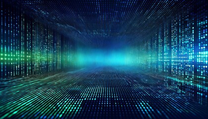 Abstract digital data tunnel with blue and green light, futuristic technology background, binary code visualization, internet connection, network communication, data processing, big data concept
