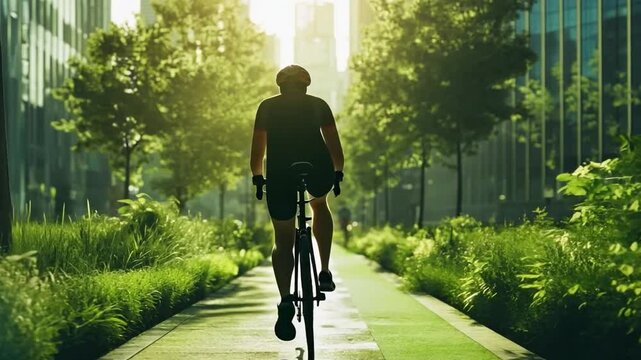 This footage captures a cyclist enjoying a peaceful ride on a green pathway. It showcases urban nature and promotes eco-friendly transportation. Generative AI