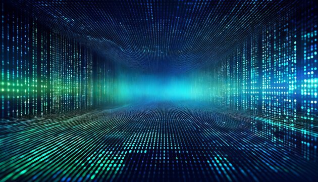 Abstract digital data tunnel with blue and green light, futuristic technology background, binary code visualization, internet connection, network communication, data processing, big data concept