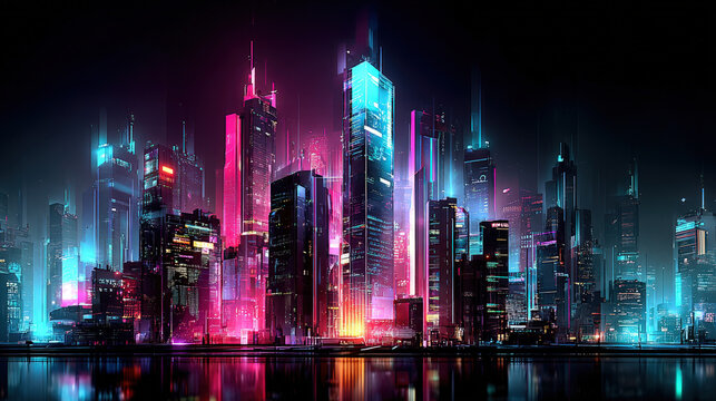 High-tech skyline glowing with vibrant neon lights in orange, blue, and purple, mirrored over a calm surface, evoking cyberpunk and innovation.
