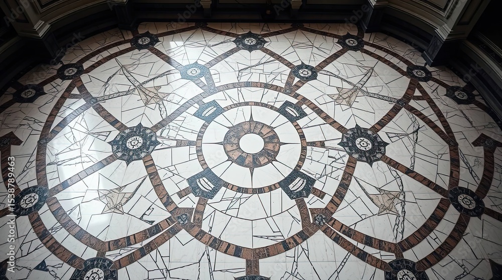 Poster intricate mosaic floor design with geometric patterns and ornate details in a building