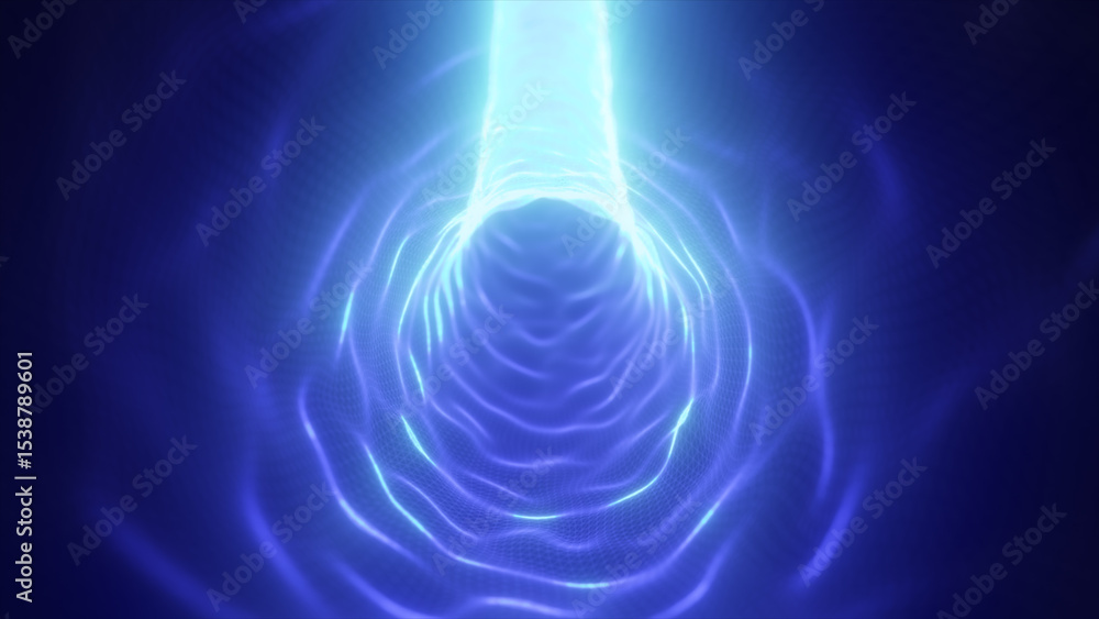Poster bright cyan-blue digital tunnel with flowing light lines creating a futuristic energy stream