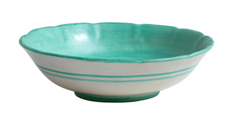 Green and white ceramic bowl standing on white background