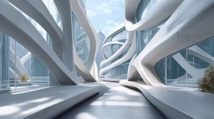 Fototapeta premium Futuristic white buildings pathway; ideal for web designs, tech articles, and scifi concepts. Perfect for modern cityscapes visuals.