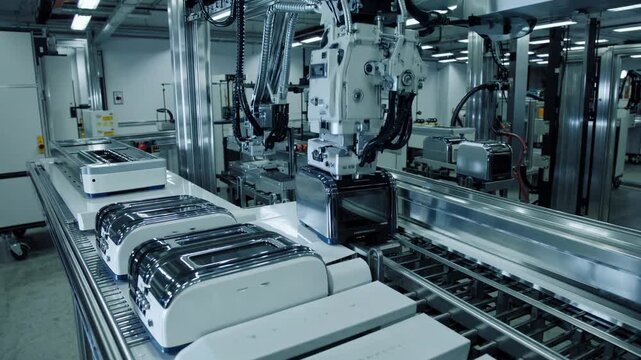 Robotic arm packaging toasters in modern factory