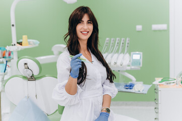 Portrait of a young female dentist in uniform at a modern dental clinic, smiling confidently