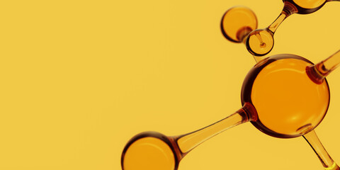 3d Abstract golden glass molecular structures. Cosmetic collagen serum, essence oil, vitamin, hyaluronic acid for skin care. Healthcare concept