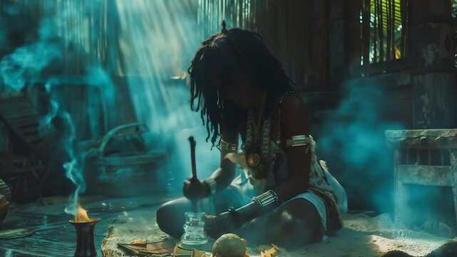 Enigmatic woman performing mystical ritual in candlelit room. Atmospheric scene with incense, offerings, and traditional decor. Silhouette of spiritual practitioner amid smoke and warm light