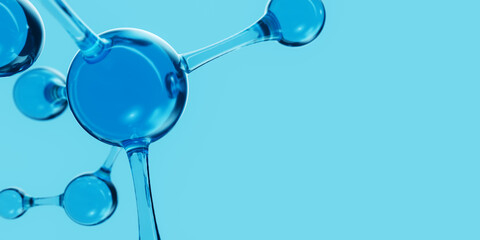 3d Abstract blue glass molecular structures. Cosmetic collagen serum, moisturizer water, vitamin, hyaluronic acid for skin care. Healthcare concept
