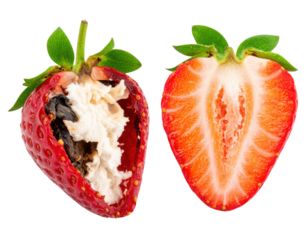 Two strawberry halves; one shows the red flesh, the other reveals a white, moldy interior with dark decay.
