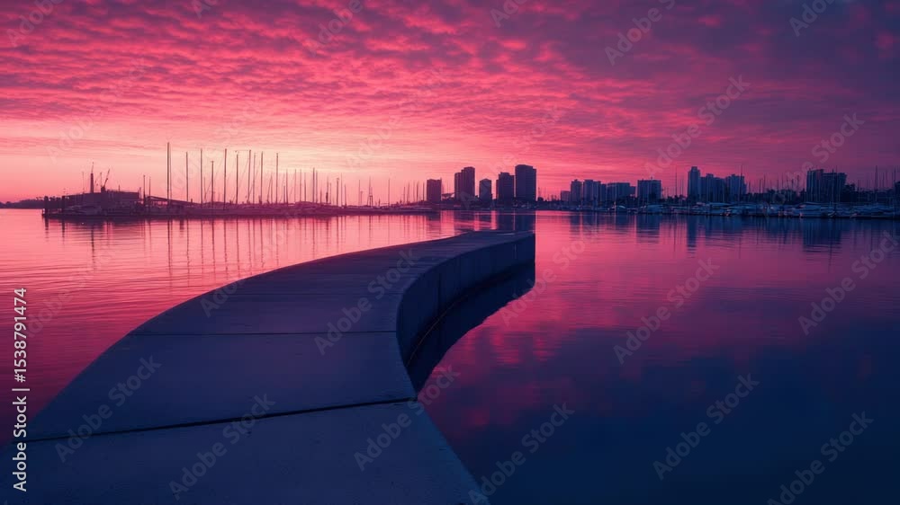 Poster a view of a city skyline from a dock at sunset with people enjoying the evening atmosphere
