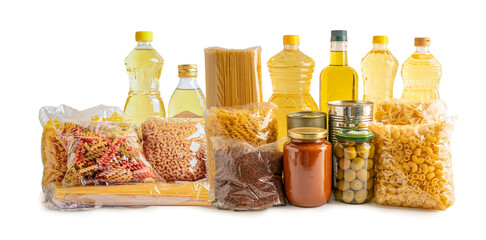 Foodstuffs in donation box isolated on white background.