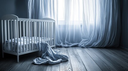 Cozy nursery scene with crib and blanket on wooden floor