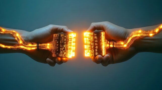 Photorealistic hands connecting two plugs, one glowing with binary digits, on a gray grainy background. Concept: Represents digital connection, data flow, and human-tech interaction. - Powered by Adobe