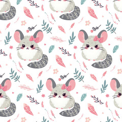 Children's seamless pattern with cute chinchilla, green and pink leaves, flowers and berries