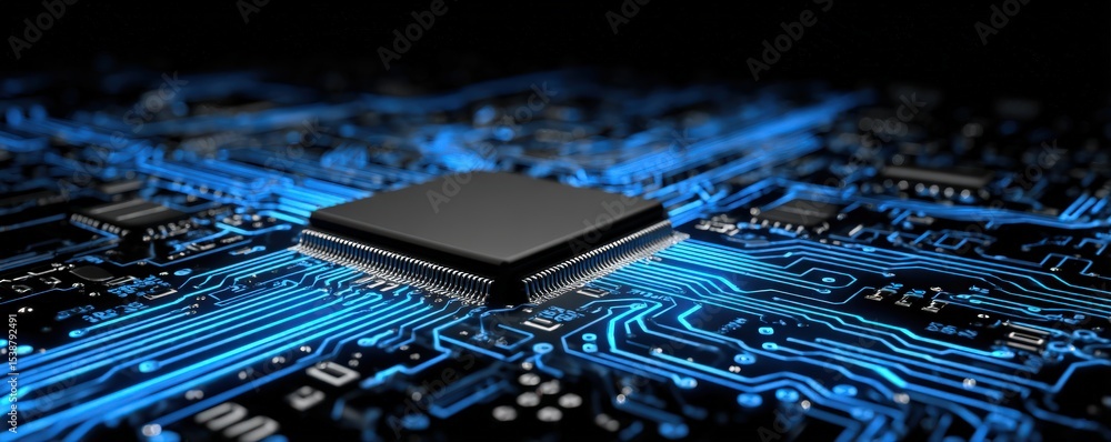 Poster a close-up view of a microchip on a circuit board, with blue glowing pathways representing electroni
