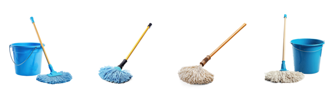 Collection of mop with a bucket beside it, the mop head submerged in the water, ready for use. isolate on transparent background