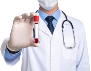 A medical professional wearing a white coat and gloves holds a blood sample vial with a red cap.