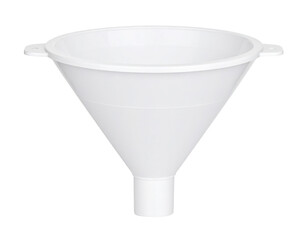 White plastic funnel with a wide top and narrow spout designed for transferring liquids or powders.