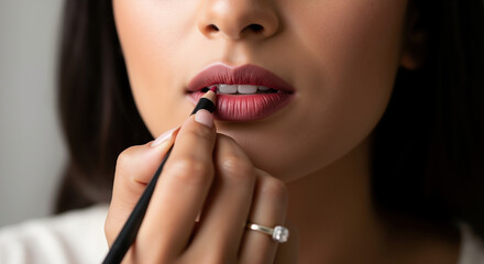 Woman applying burgundy lipstick with precision pencil liner for perfect lip makeup. Professional cosmetic application and beauty salon services for lip enhancement