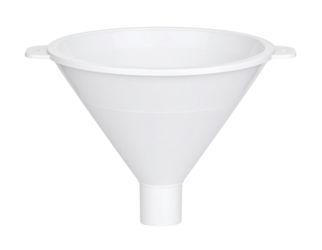 White plastic funnel with a wide top and narrow spout designed for transferring liquids or powders.