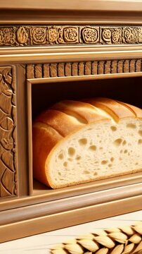 Freshly baked loaves inside ornate decorative breadbox featuring wheat stalks as a background element, simple and neutral studio backdrop.