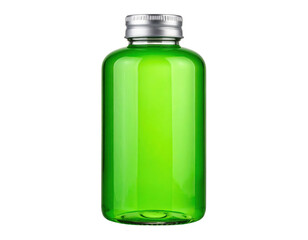 A small green plastic bottle with a silver screw cap, designed for holding liquids, shown upright.
