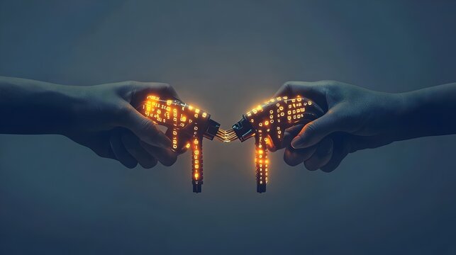 Photorealistic hands connecting two plugs, one glowing with binary digits, on a gray grainy background. Concept: Represents digital connection, data flow, and human-tech interaction.