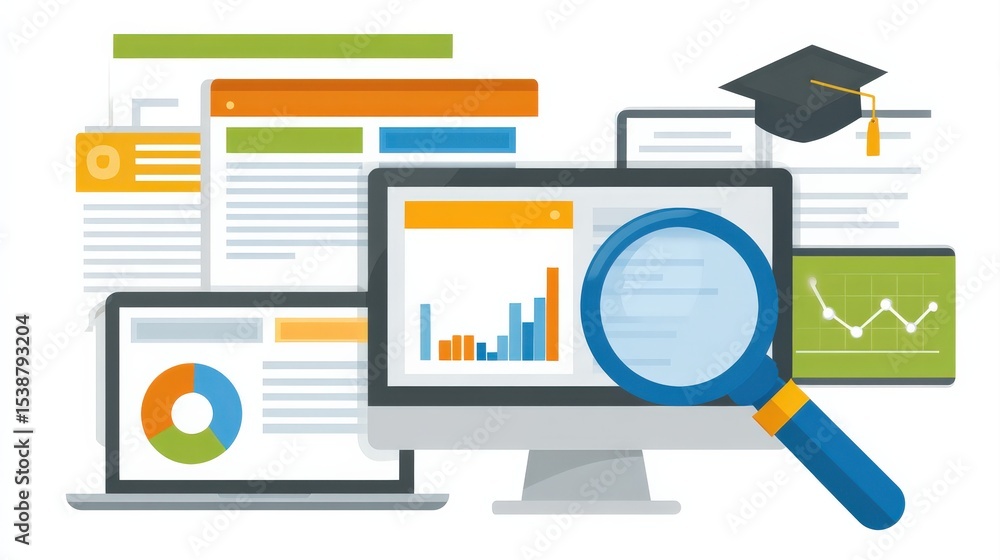 Poster digital data analysis with charts, graphs, and reports displayed on multiple screens, highlighting r