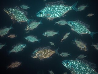 Underwater scene of bioluminescent deep-sea creatures swimming in total darkness, glowing patterns, surreal alien-like fish, hyper-detailed, scientific illustration, Ai Generate.