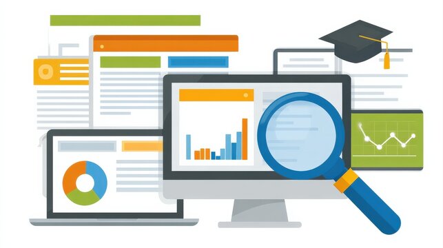 Digital data analysis with charts, graphs, and reports displayed on multiple screens, highlighting research and education elements.