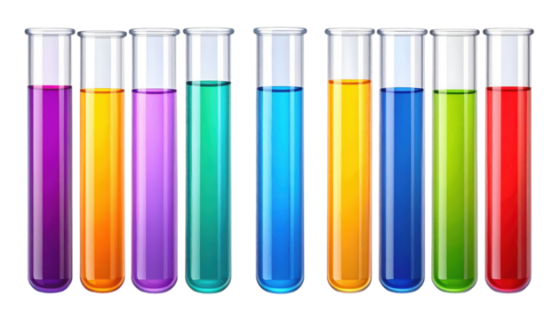 Ten test tubes filled with various vibrant colored liquids arranged in a row.