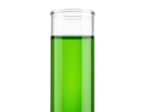 A clear glass filled with bright green liquid, showing smooth reflections and a full level near the top.