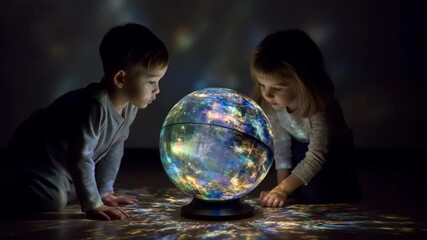 Curious Young Children Explore a Magical Glowing Globe, Unveiling Wonders in the Dark - Powered by Adobe
