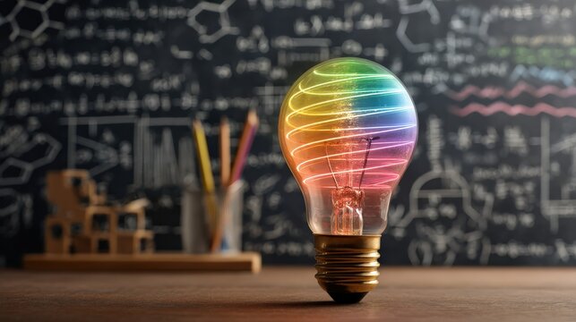 A glowing rainbow-colored light bulb stands on a wooden table with blurred chalkboard equations and pencils in the background.