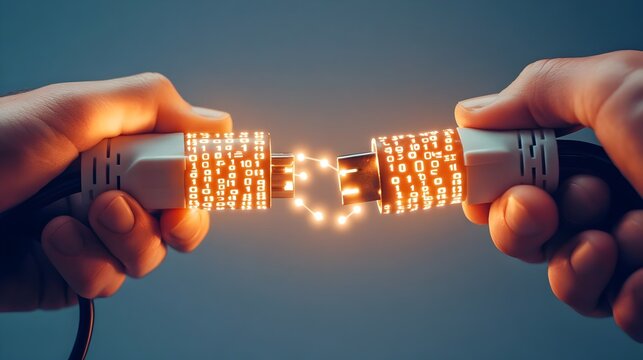 Photorealistic hands connecting two plugs, one glowing with binary digits, on a gray grainy background. Concept: Represents digital connection, data flow, and human-tech interaction.