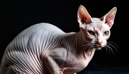 Egyptian Sphynx cat on a black background.