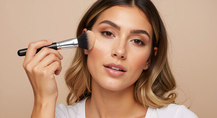 Woman applying powder makeup with brush on cheek close up. Beauty routine cosmetic foundation contouring spa salon treatment anti aging skincare facial procedure