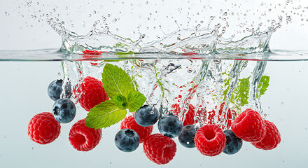 Fresh Berries Splashing in Water A Vibrant Berry Medley with Mint Leaves Fresh raspberries and blueberries splashing into clear water with mint leaf
