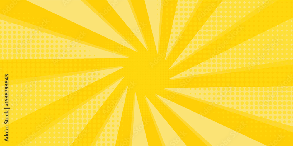 Poster yellow abstract background with light of sunburst. yellow starburst with halftone. sun ray retro bac
